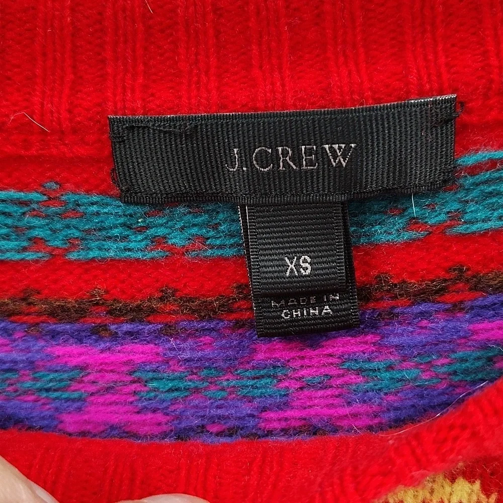 J. Crew Pullover Crew Neck Wool Sweater XS Red Multicolor Nordic Fair Isle